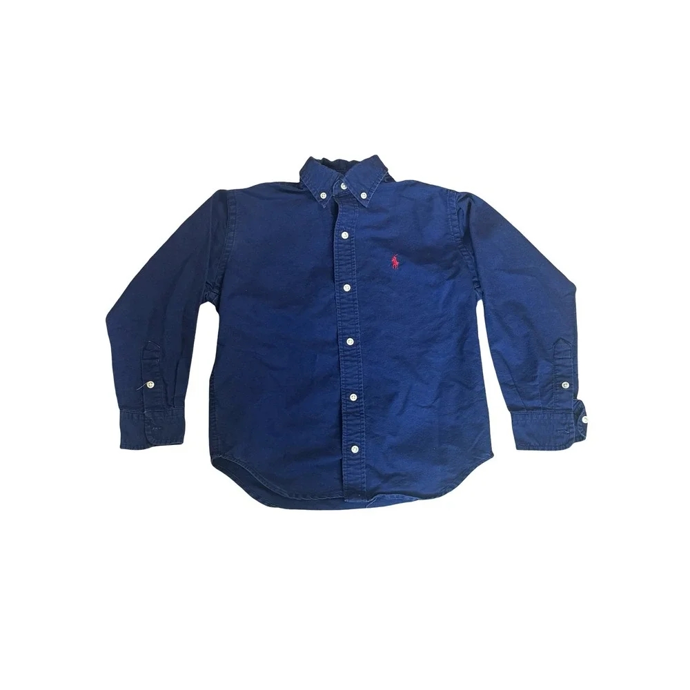 Ralph Lauren Boys Navy Blue Cotton Oxford Button Down Shirt Size 6 Red Pony Logo